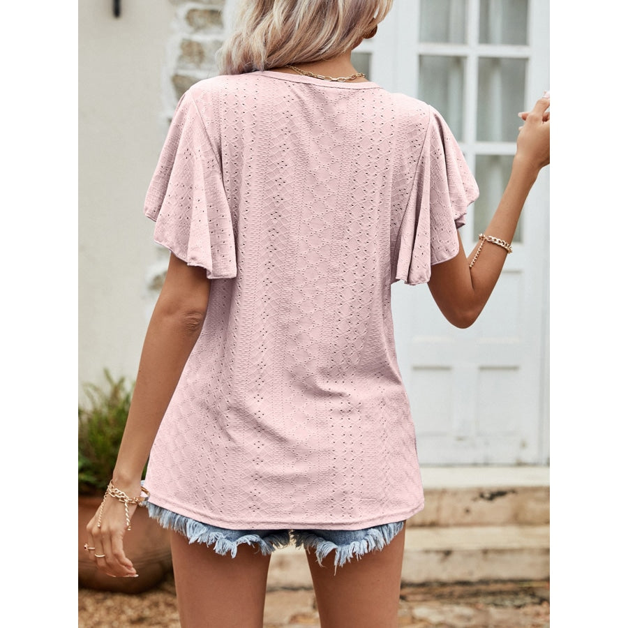 Round Neck Flutter Sleeve Blouse