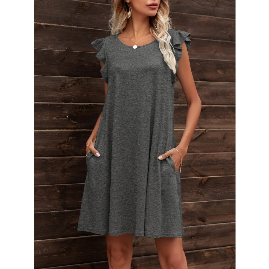 Round Neck Flutter Sleeve Dress with Pockets Dark Gray / S