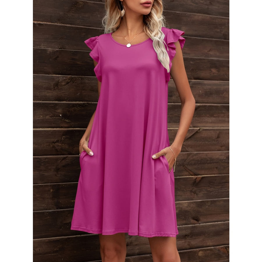 Round Neck Flutter Sleeve Dress with Pockets Deep Rose / XL