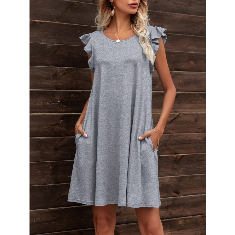 Round Neck Flutter Sleeve Dress with Pockets Gray Dawn / S