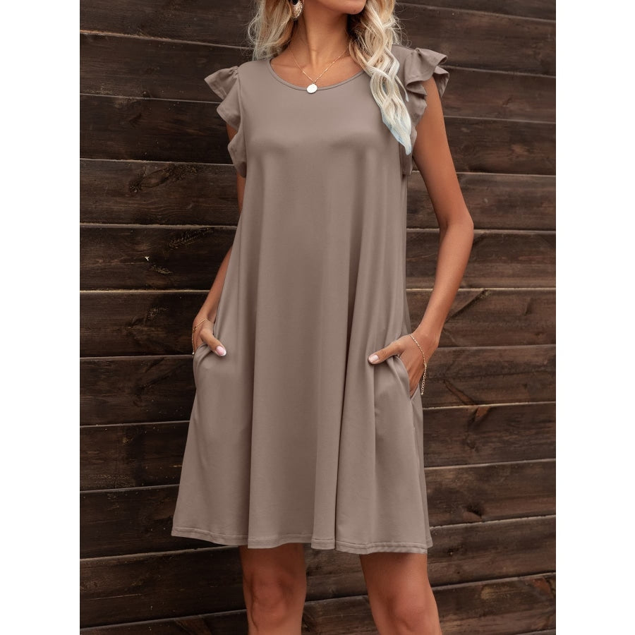 Round Neck Flutter Sleeve Dress with Pockets Mocha / L