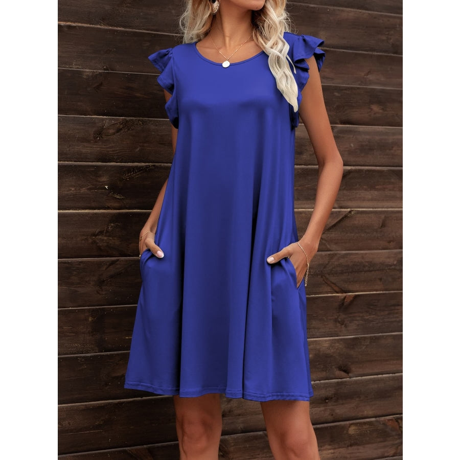 Round Neck Flutter Sleeve Dress with Pockets Navy / S