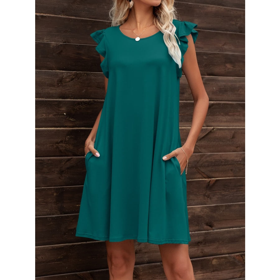 Round Neck Flutter Sleeve Dress with Pockets Teal / M