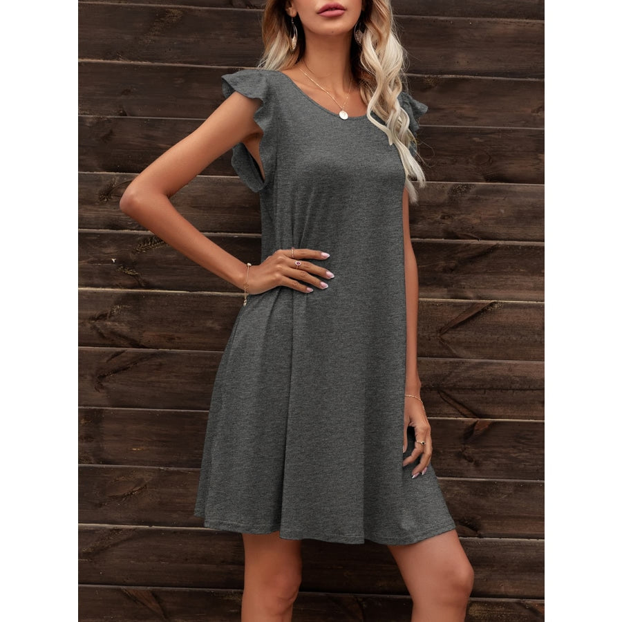 Round Neck Flutter Sleeve Dress with Pockets