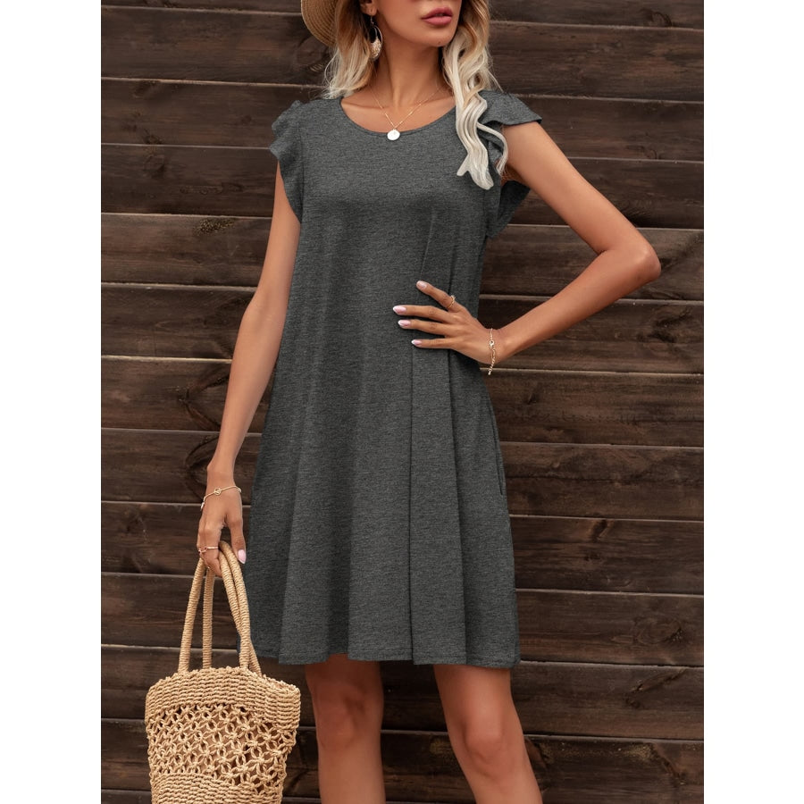 Round Neck Flutter Sleeve Dress with Pockets