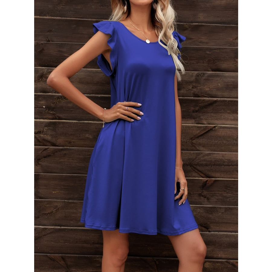 Round Neck Flutter Sleeve Dress with Pockets