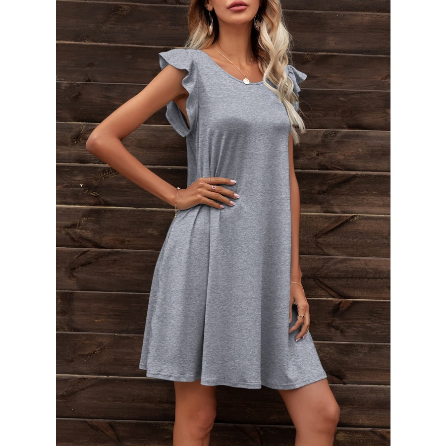 Round Neck Flutter Sleeve Dress with Pockets