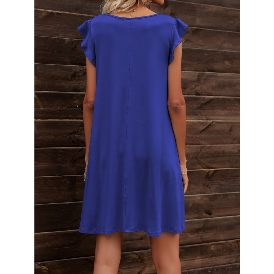 Round Neck Flutter Sleeve Dress with Pockets