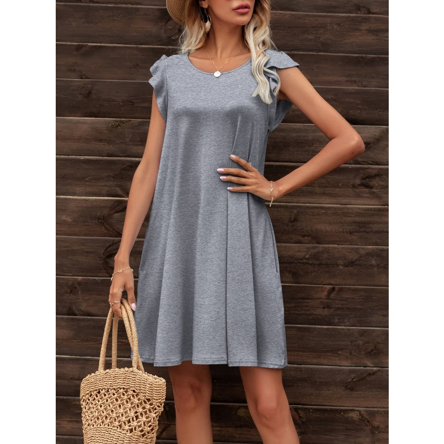 Round Neck Flutter Sleeve Dress with Pockets