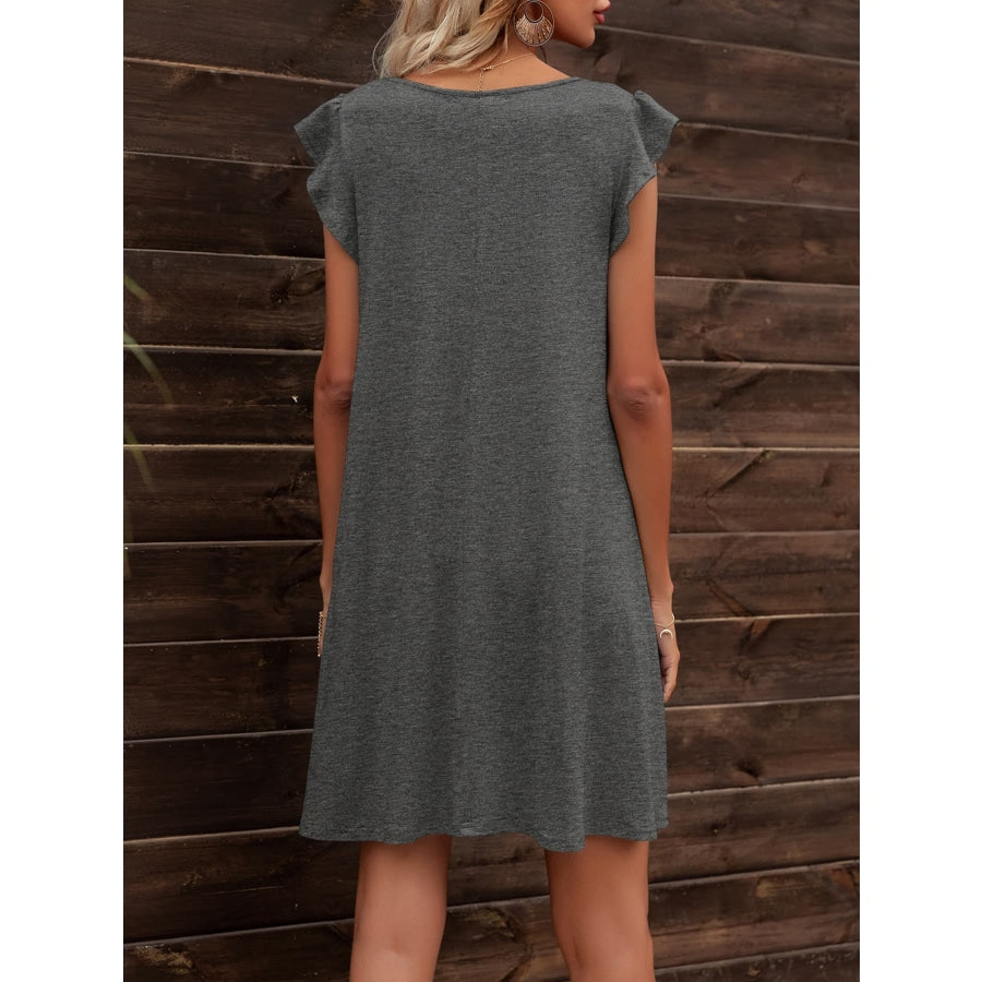 Round Neck Flutter Sleeve Dress with Pockets Dark Gray / S