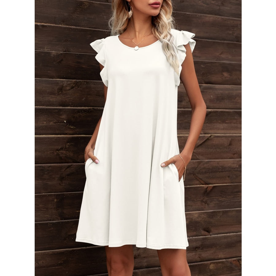 Round Neck Flutter Sleeve Dress with Pockets White / XL