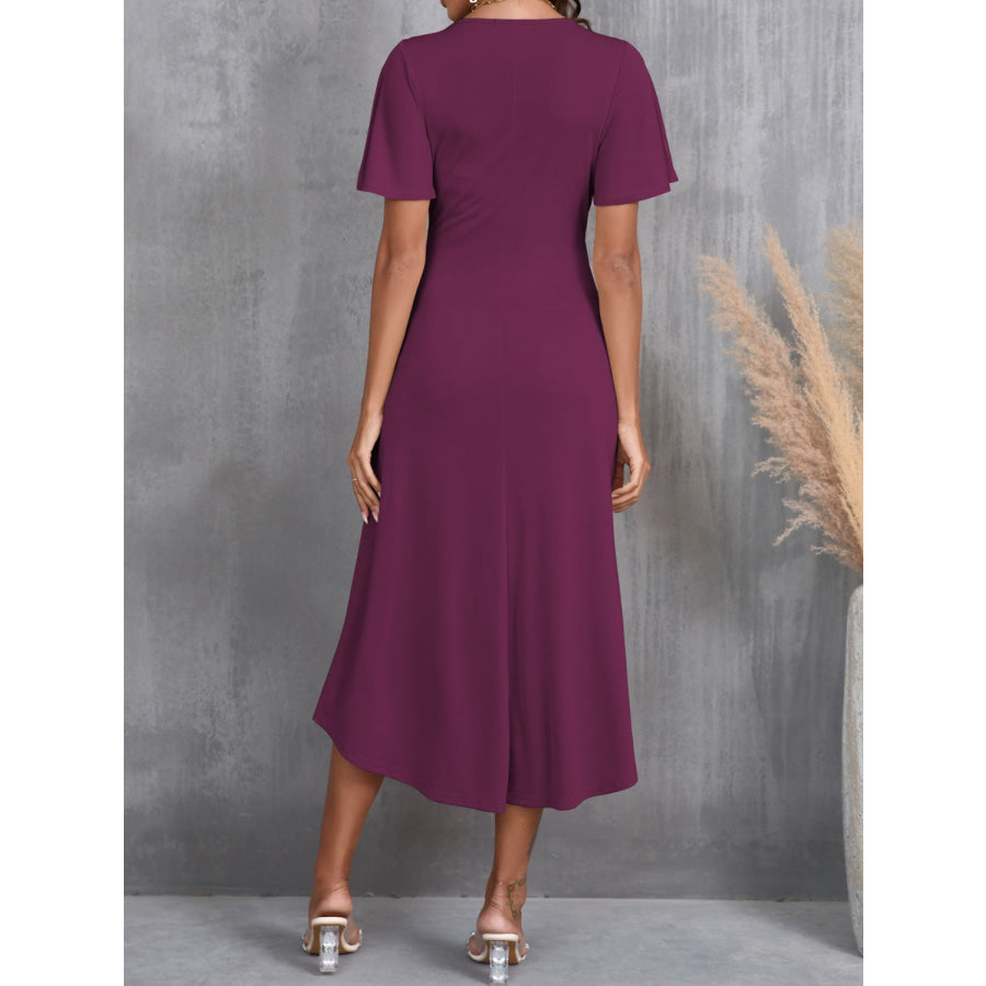 Round Neck Flutter Sleeve Midi Dress Deep Purple / S Apparel and Accessories