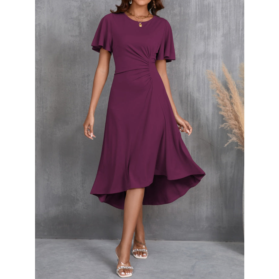 Round Neck Flutter Sleeve Midi Dress Deep Purple / S Apparel and Accessories