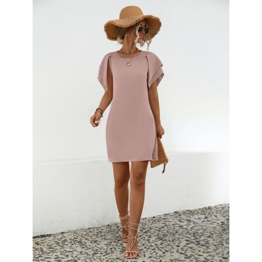 Round Neck Flutter Sleeve Mini Dress Apparel and Accessories