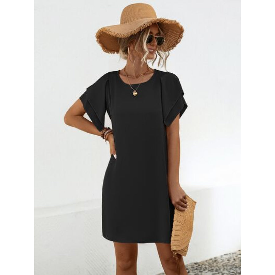 Round Neck Flutter Sleeve Mini Dress Apparel and Accessories