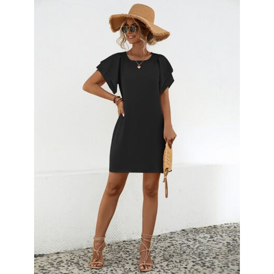 Round Neck Flutter Sleeve Mini Dress Apparel and Accessories