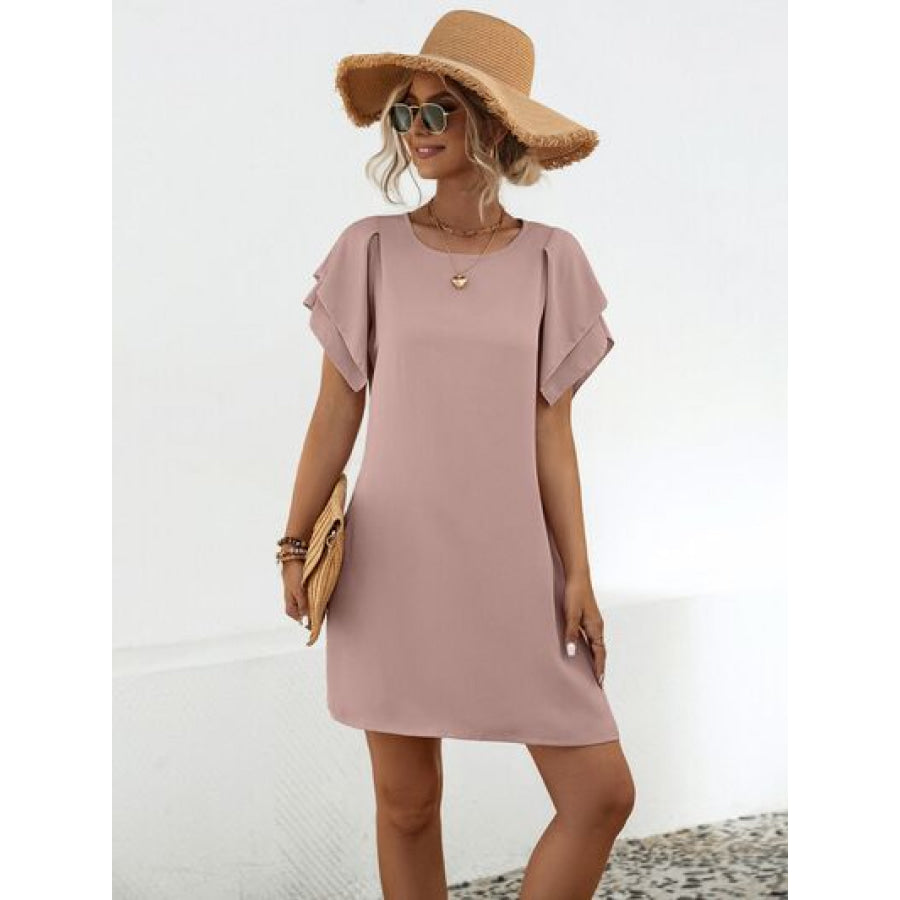 Round Neck Flutter Sleeve Mini Dress Apparel and Accessories