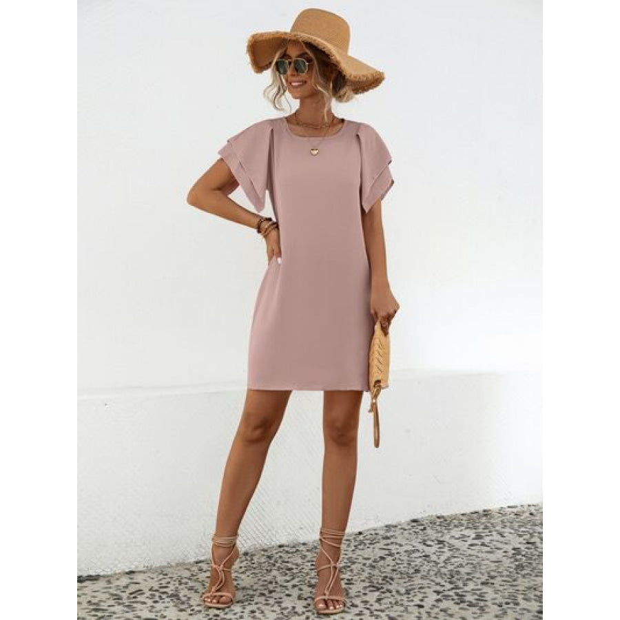 Round Neck Flutter Sleeve Mini Dress Apparel and Accessories