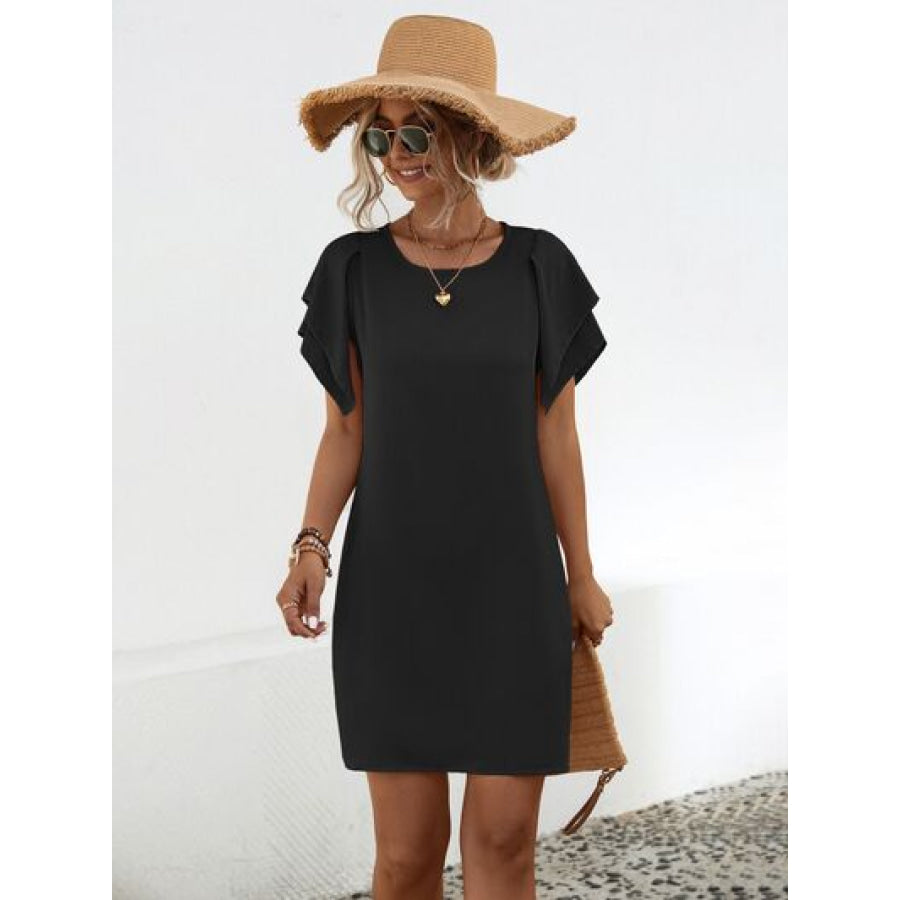 Round Neck Flutter Sleeve Mini Dress Black / S Apparel and Accessories