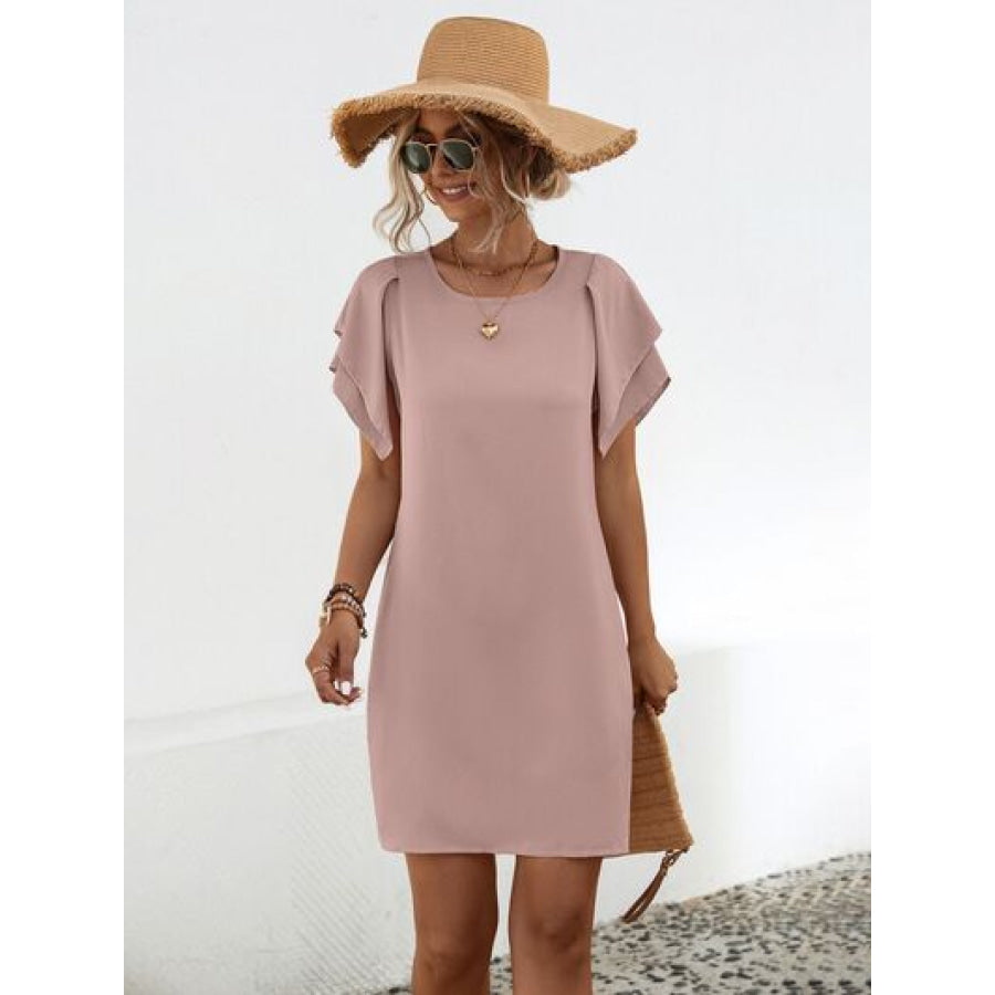 Round Neck Flutter Sleeve Mini Dress Dusty Pink / S Apparel and Accessories