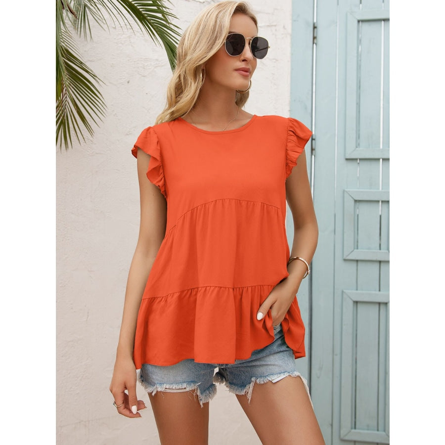 Round Neck Flutter Sleeve Tiered Blouse Red Orange / S