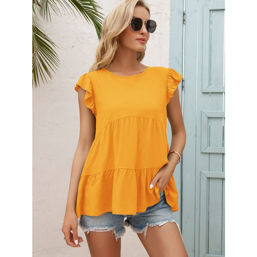 Round Neck Flutter Sleeve Tiered Blouse Tangerine / S