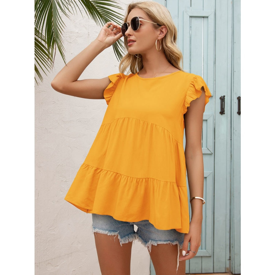 Round Neck Flutter Sleeve Tiered Blouse