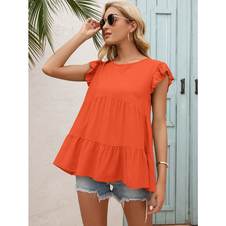 Round Neck Flutter Sleeve Tiered Blouse