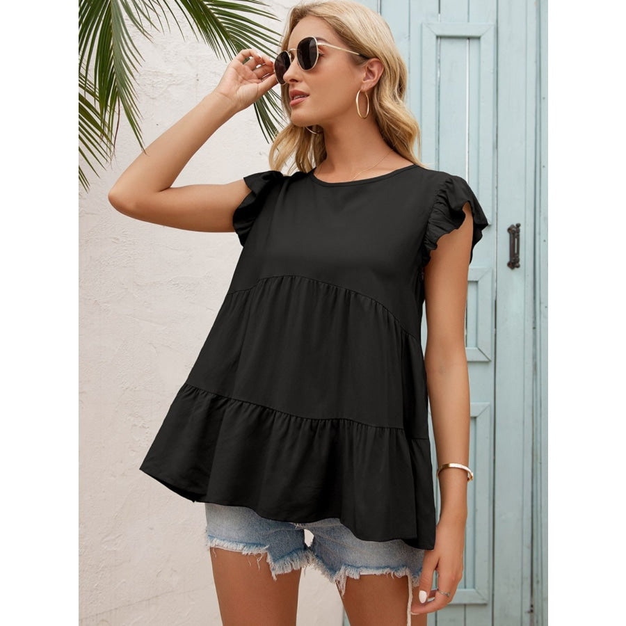 Round Neck Flutter Sleeve Tiered Blouse