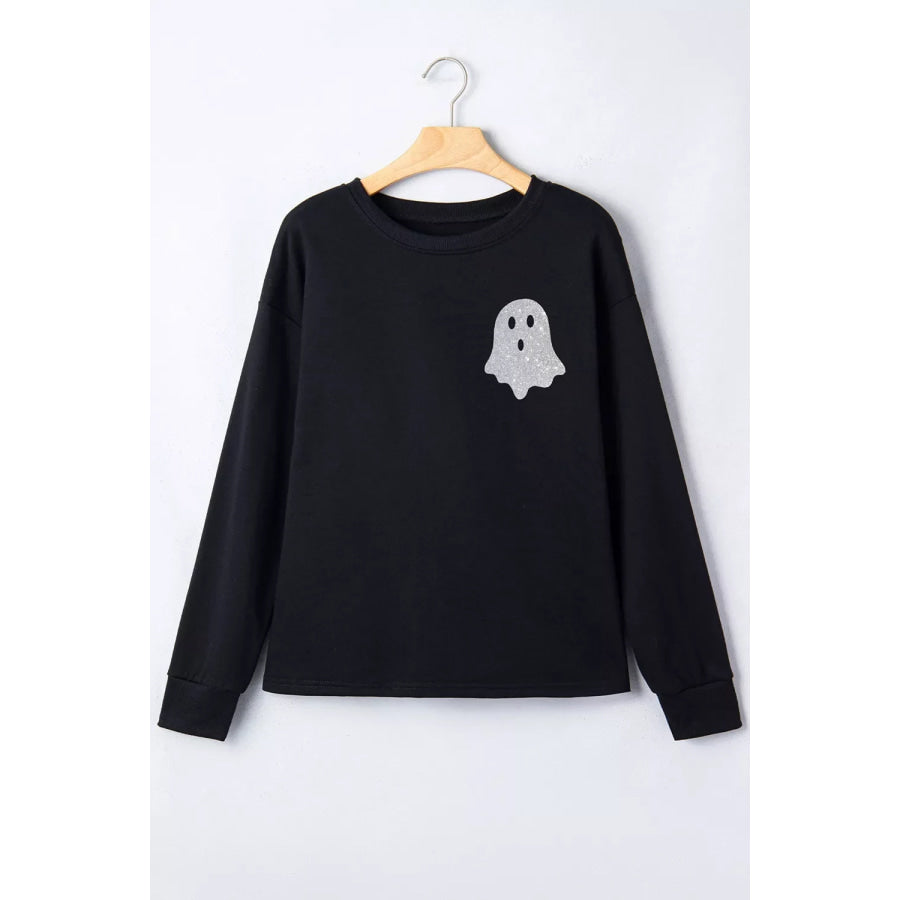 Round Neck Ghost Print Regular Fit Graphic Long Sleeve T-Shirt Apparel and Accessories