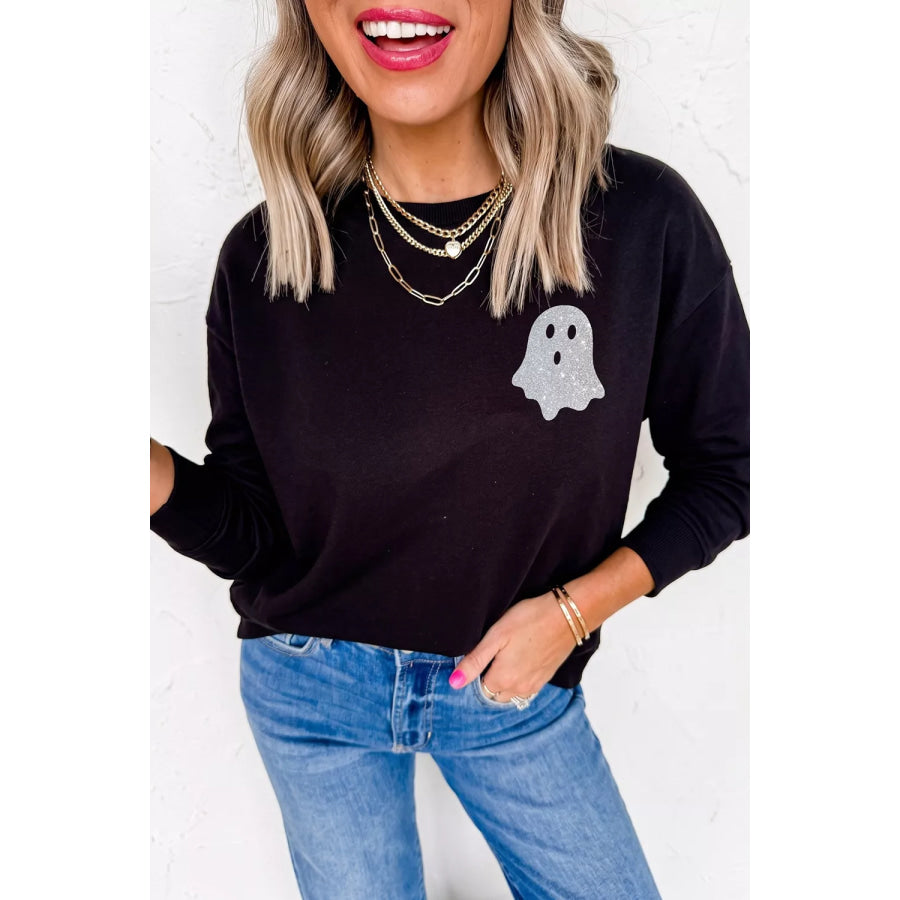 Round Neck Ghost Print Regular Fit Graphic Long Sleeve T-Shirt Black / S Apparel and Accessories