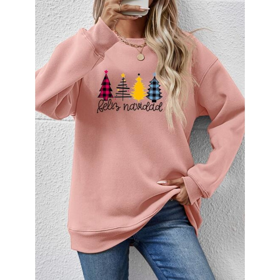 Round Neck Graphic Long Sleeve Sweatshirt Blush Pink / S Clothing