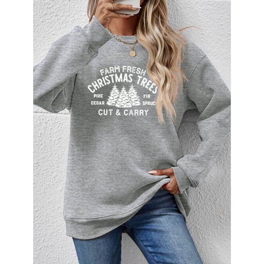 Round Neck Graphic Long Sleeve Sweatshirt Charcoal / S