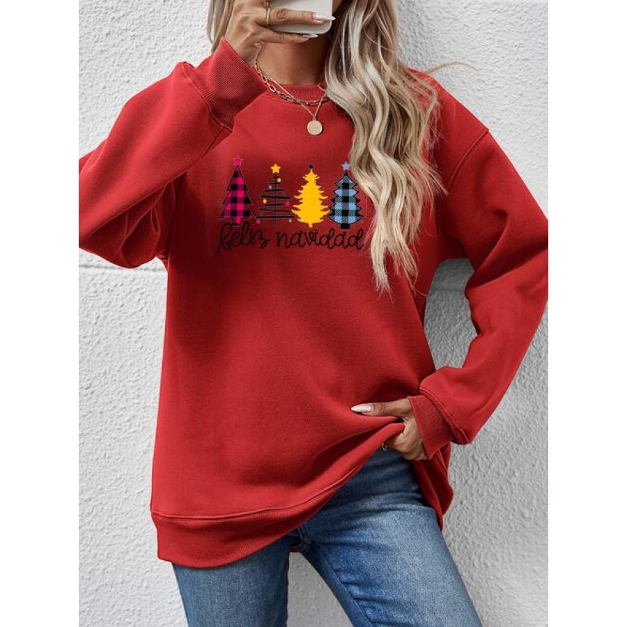 Round Neck Graphic Long Sleeve Sweatshirt Deep Red / S Clothing