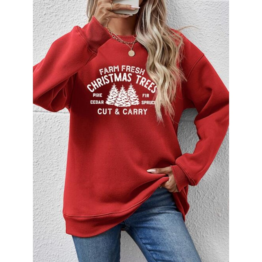 Round Neck Graphic Long Sleeve Sweatshirt Deep Red / S