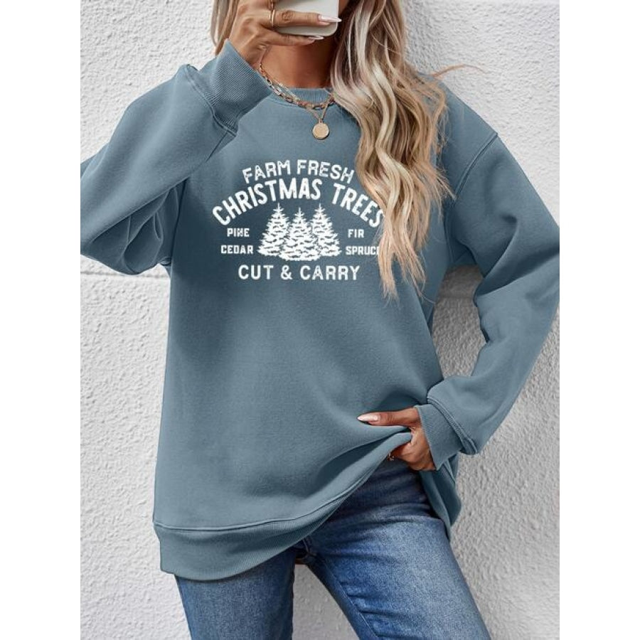 Round Neck Graphic Long Sleeve Sweatshirt French Blue / S