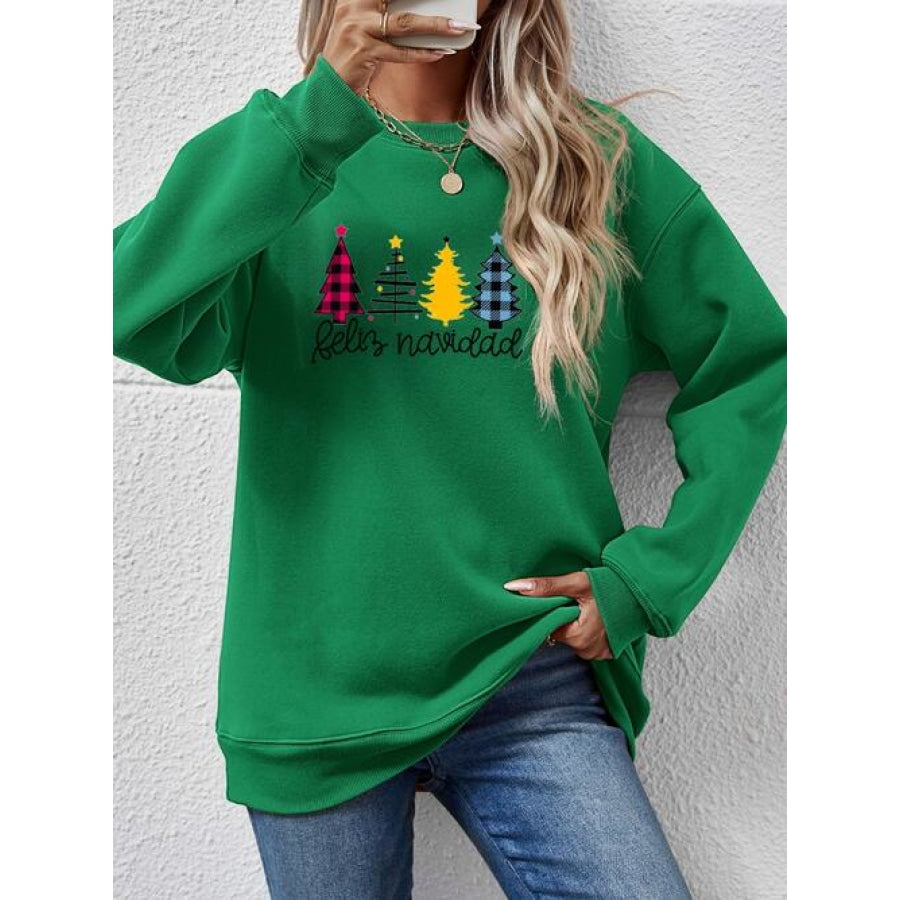 Round Neck Graphic Long Sleeve Sweatshirt Green / S Clothing