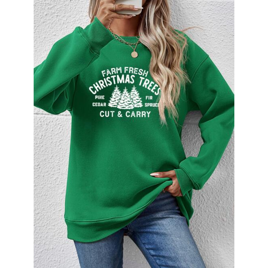 Round Neck Graphic Long Sleeve Sweatshirt Green / S
