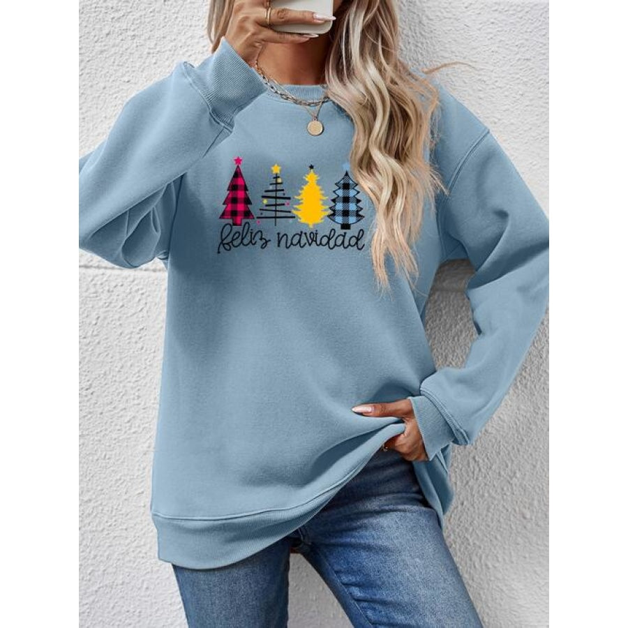 Round Neck Graphic Long Sleeve Sweatshirt Misty Blue / S Clothing