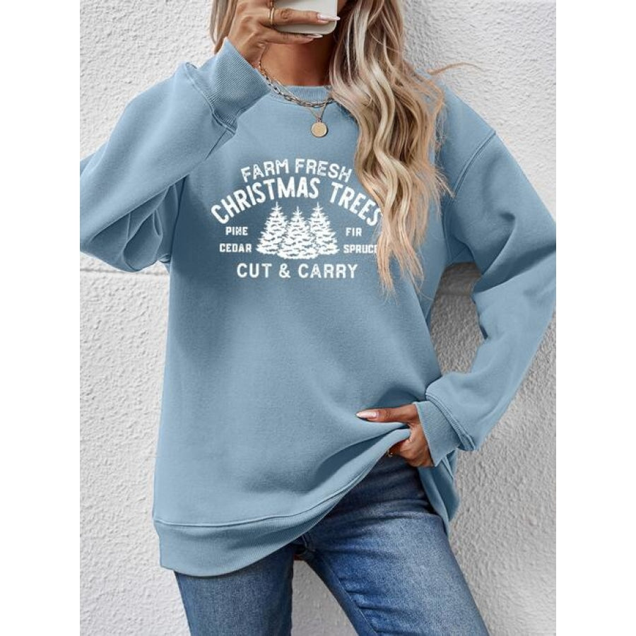 Round Neck Graphic Long Sleeve Sweatshirt Misty Blue / S