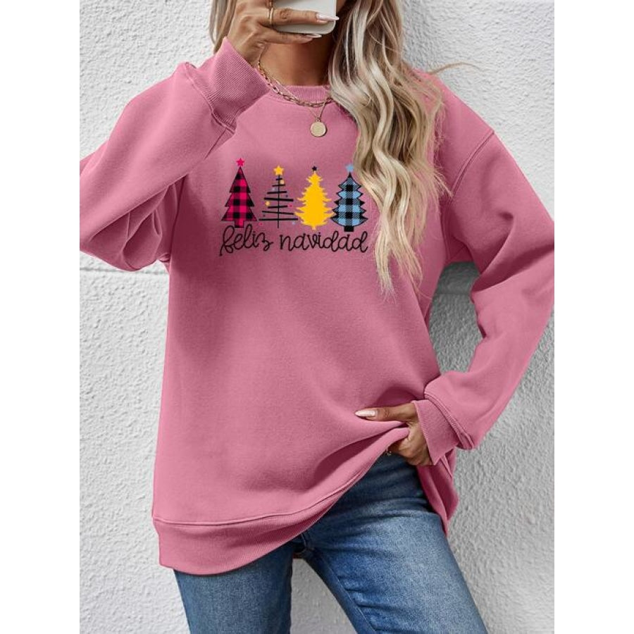 Round Neck Graphic Long Sleeve Sweatshirt Moonlit Mauve / S Clothing