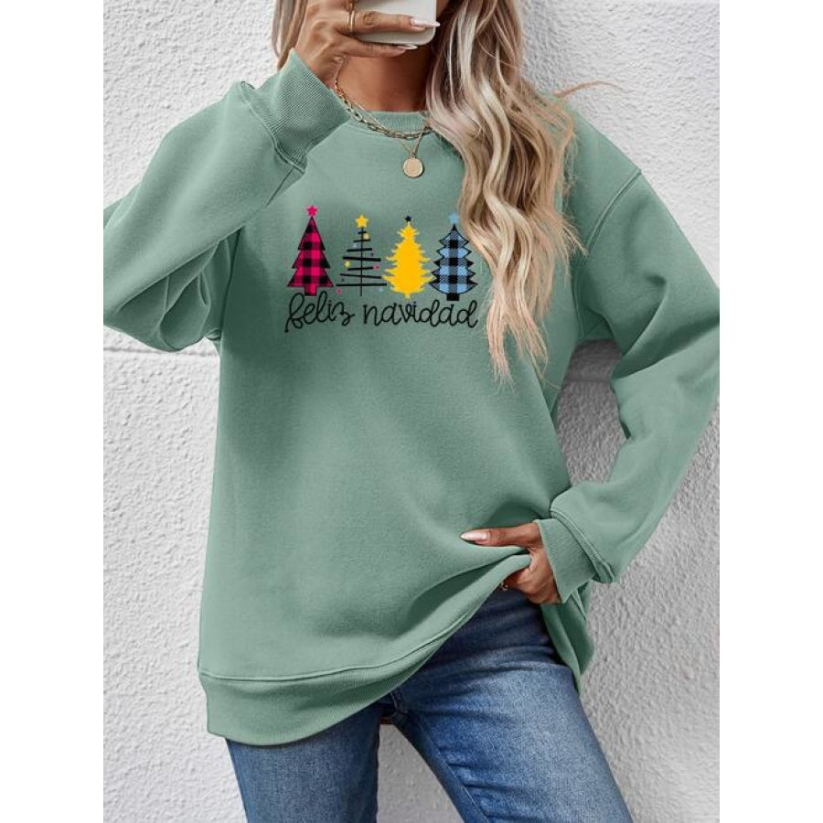 Round Neck Graphic Long Sleeve Sweatshirt Sage / S Clothing