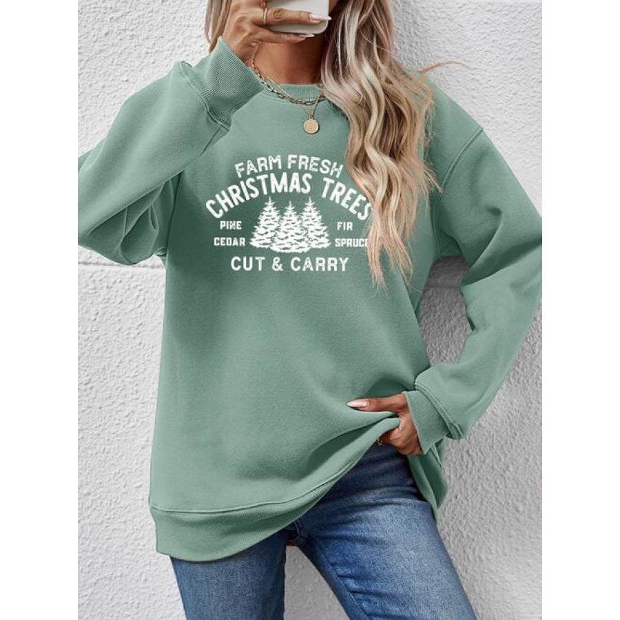 Round Neck Graphic Long Sleeve Sweatshirt Sage / S