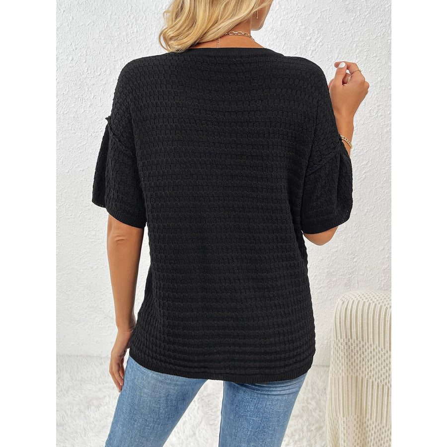 Round Neck Half Sleeve Knit Top Black / S Apparel and Accessories