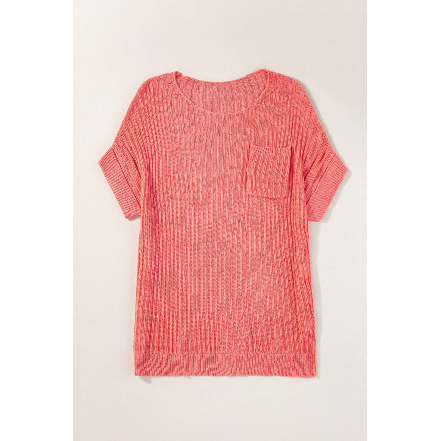 Round Neck Half Sleeve Knit Top Coral / S Apparel and Accessories