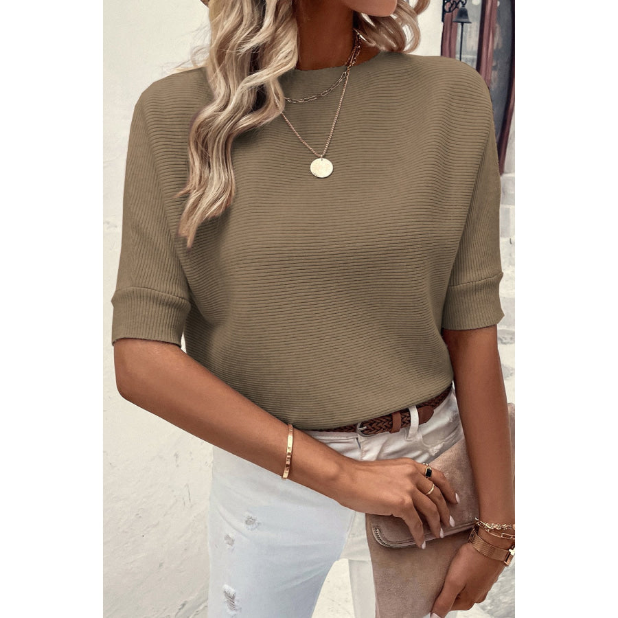 Round Neck Half Sleeve Knit Top Olive / S Apparel and Accessories