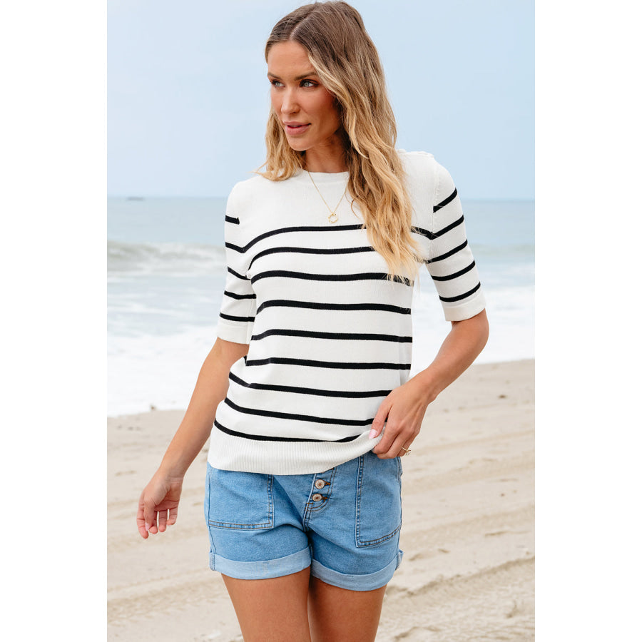 Round Neck Half Sleeve Knit Top Apparel and Accessories