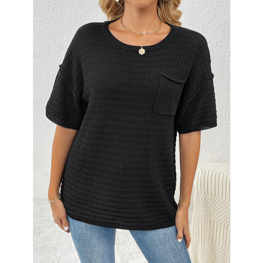 Round Neck Half Sleeve Knit Top Black / S Apparel and Accessories