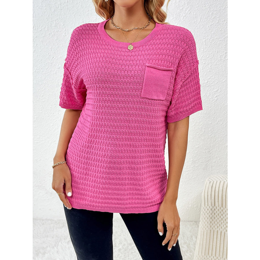Round Neck Half Sleeve Knit Top Hot Pink / S Apparel and Accessories