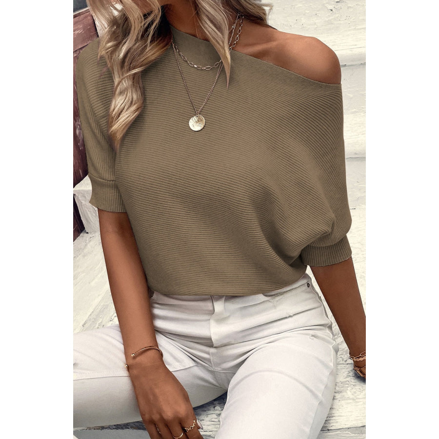 Round Neck Half Sleeve Knit Top Olive / S Apparel and Accessories